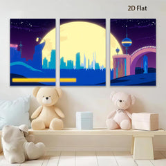 2D flat 1pc futuristic city skyline under luminous moon bedroom living room wall decor modern farmhouse style gallery wrapped canvas prints