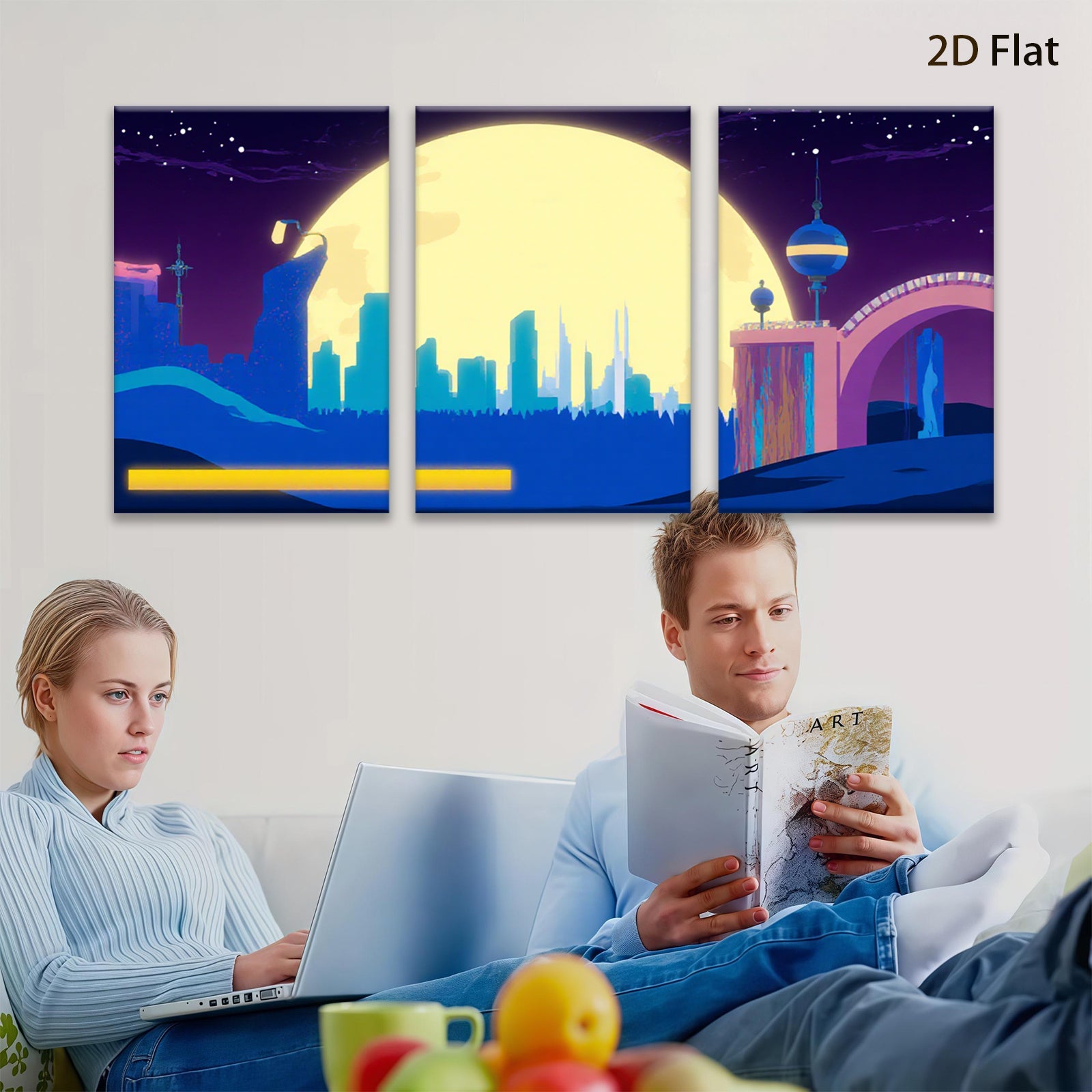 2D flat 1pc futuristic city skyline under luminous moon bedroom living room wall decor modern farmhouse style gallery wrapped canvas prints