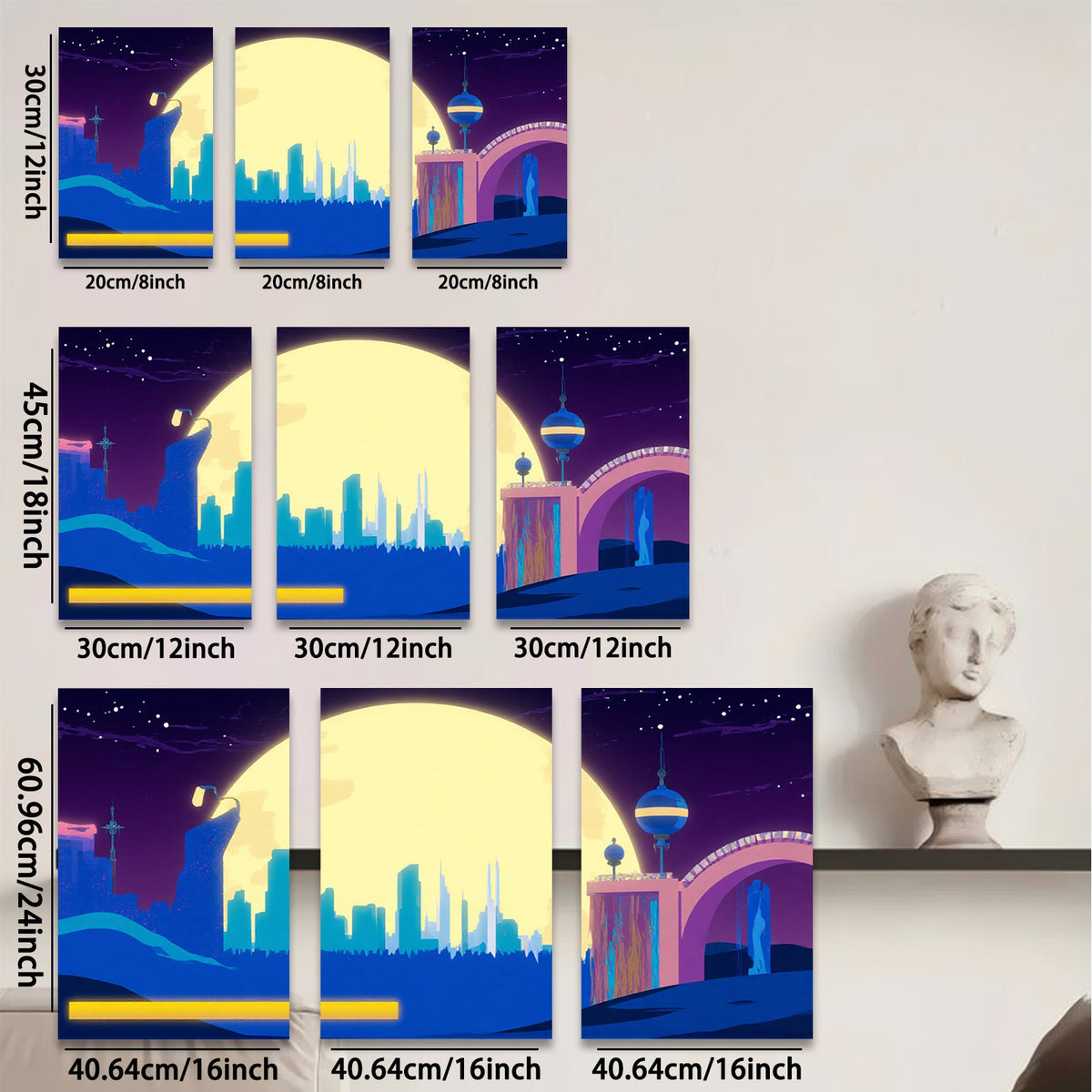 2D flat 1pc futuristic city skyline under luminous moon bedroom living room wall decor modern farmhouse style gallery wrapped canvas prints