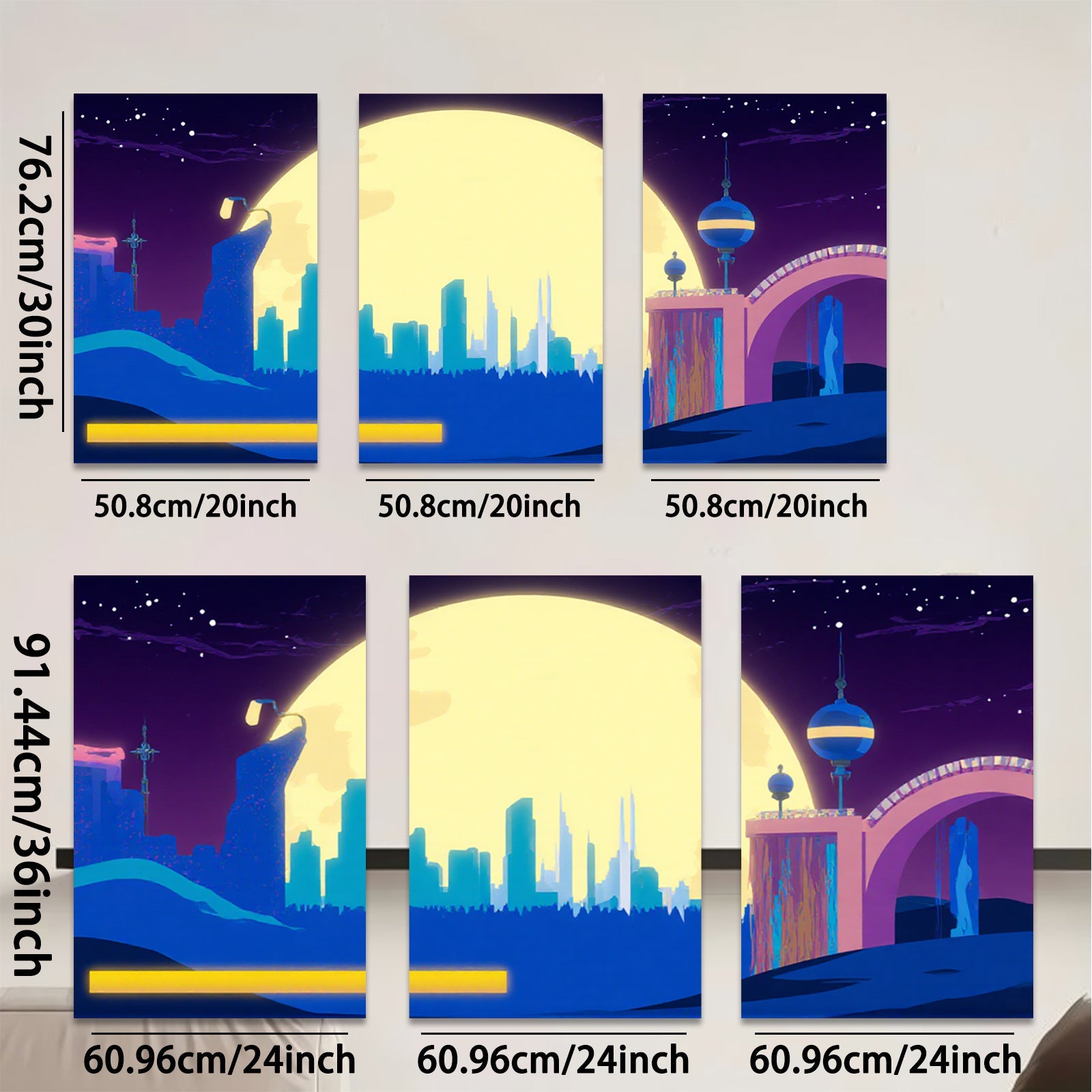 2D flat 1pc futuristic city skyline under luminous moon bedroom living room wall decor modern farmhouse style gallery wrapped canvas prints