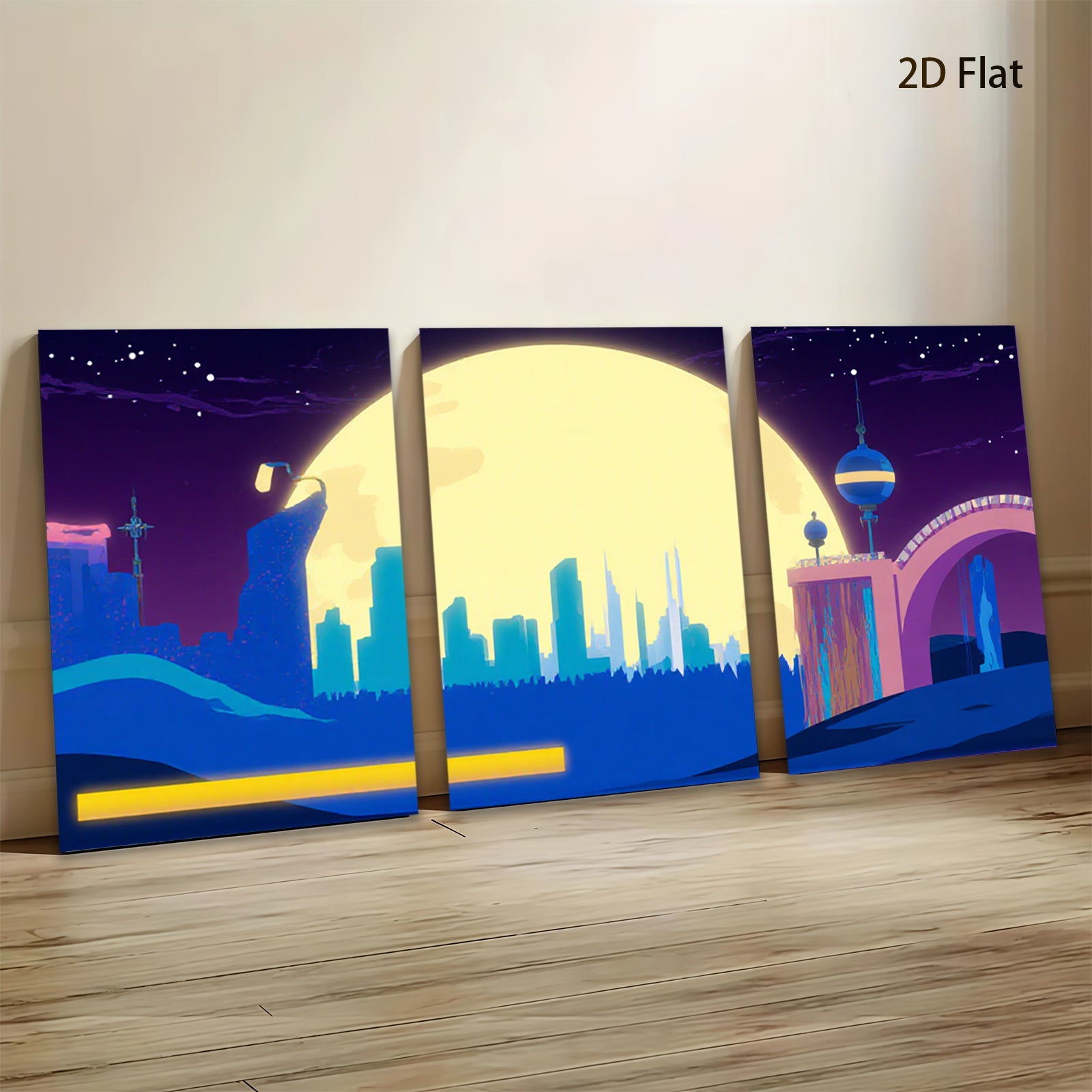 2D flat 1pc futuristic city skyline under luminous moon bedroom living room wall decor modern farmhouse style gallery wrapped canvas prints