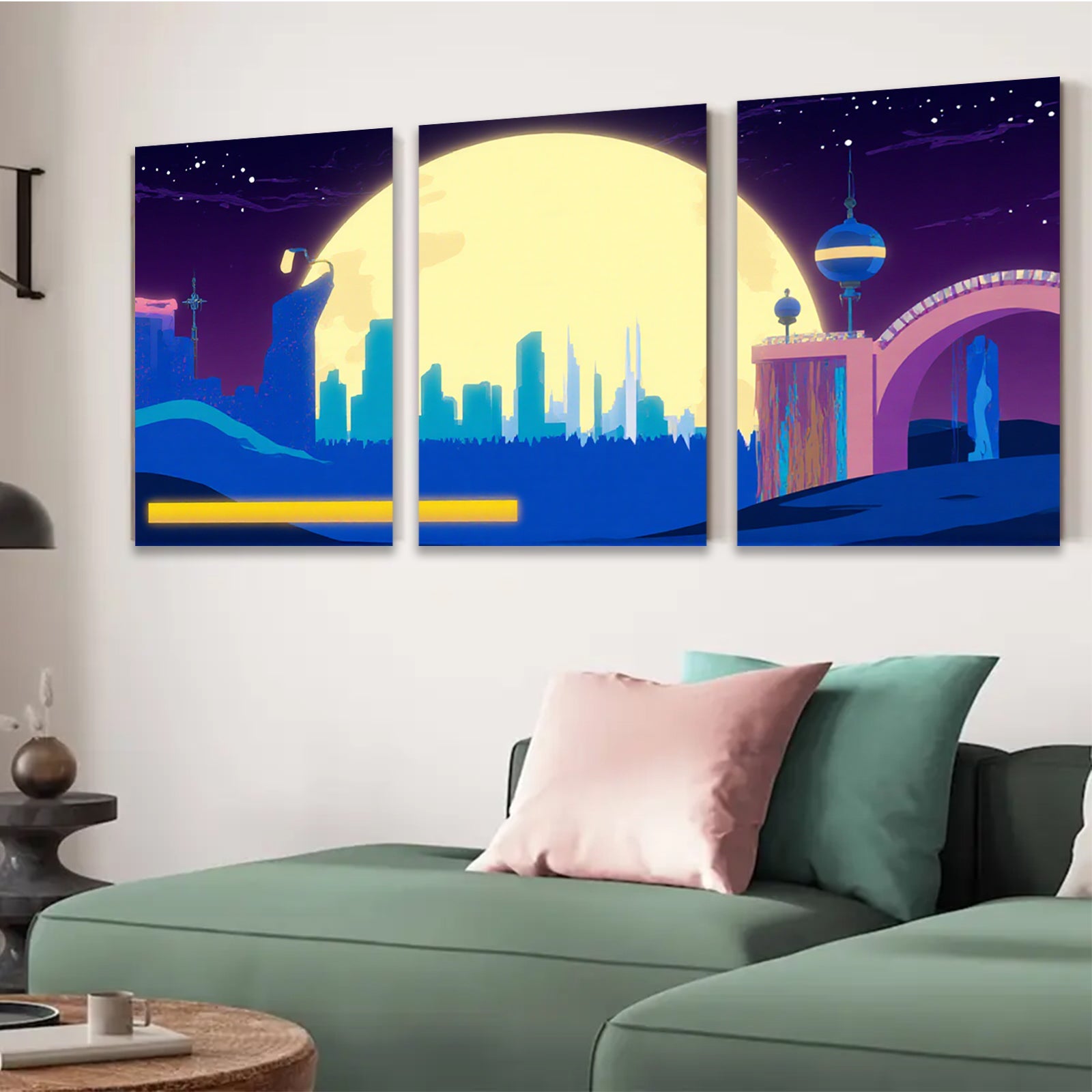 2D flat 1pc futuristic city skyline under luminous moon bedroom living room wall decor modern farmhouse style gallery wrapped canvas prints