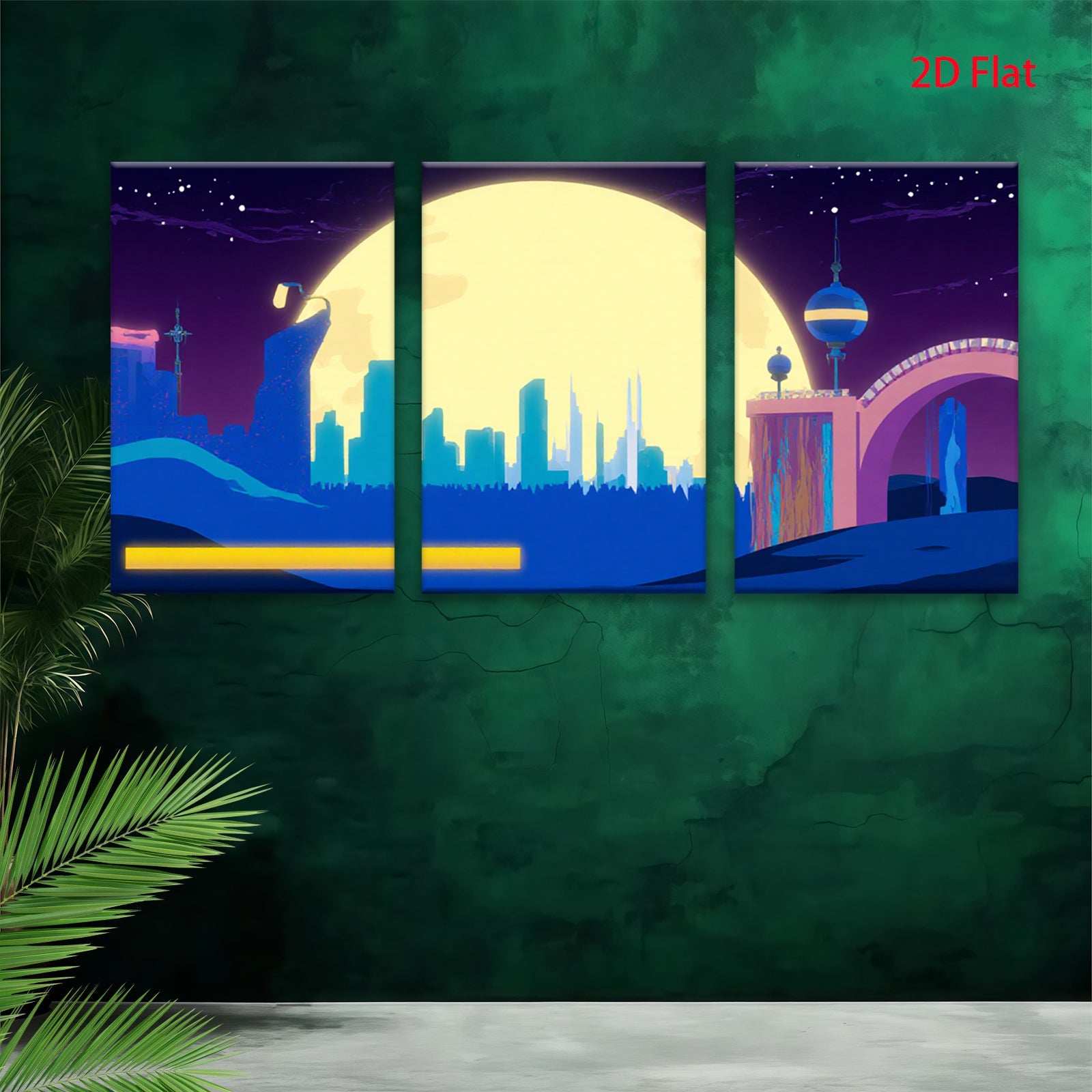 2D flat 1pc futuristic city skyline under luminous moon bedroom living room wall decor modern farmhouse style gallery wrapped canvas prints