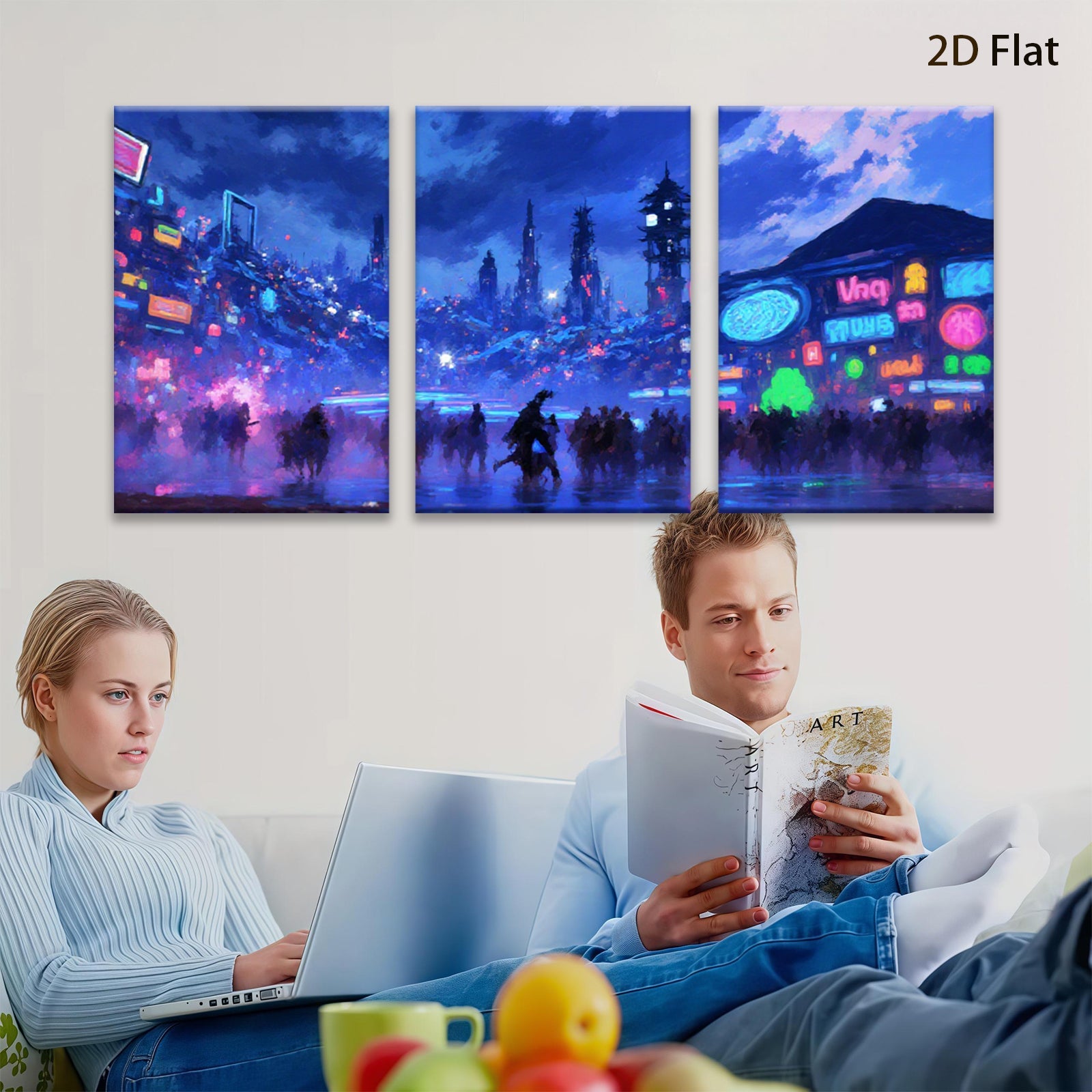 2D flat 1pc futuristic city vibrant neon lights crowd modern wall art living room bedroom decor farmhouse style canvas prints trending now
