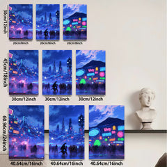 2D flat 1pc futuristic city vibrant neon lights crowd modern wall art living room bedroom decor farmhouse style canvas prints trending now
