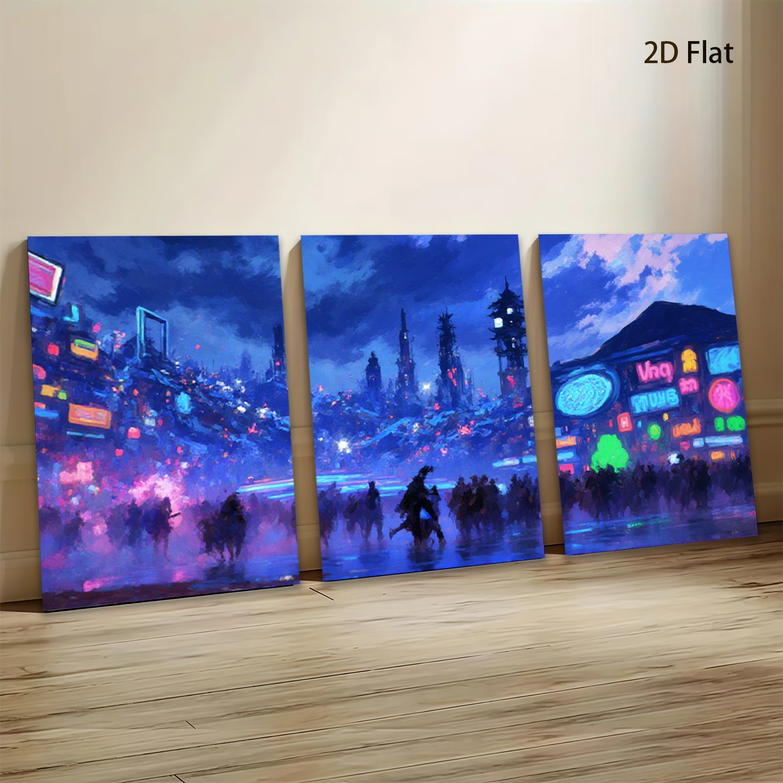 2D flat 1pc futuristic city vibrant neon lights crowd modern wall art living room bedroom decor farmhouse style canvas prints trending now