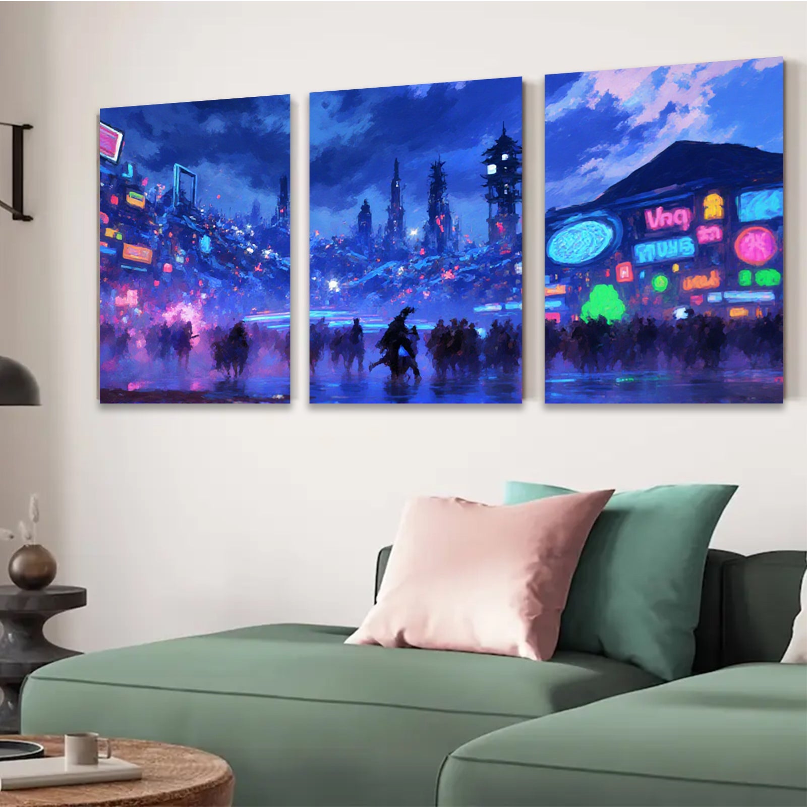 2D flat 1pc futuristic city vibrant neon lights crowd modern wall art living room bedroom decor farmhouse style canvas prints trending now