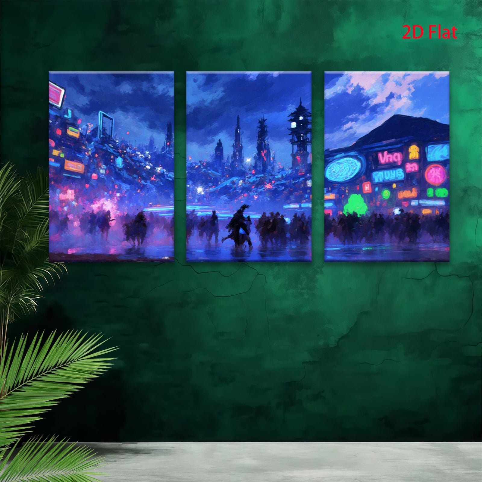 2D flat 1pc futuristic city vibrant neon lights crowd modern wall art living room bedroom decor farmhouse style canvas prints trending now