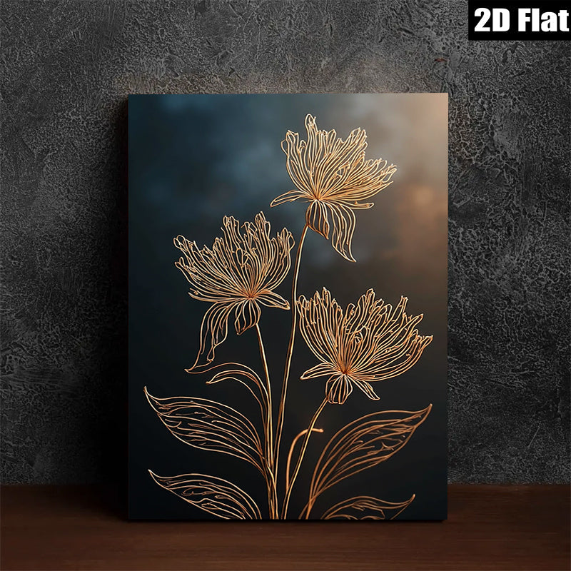 2D flat 1pc golden botanical floral wall art minimalist modern farmhouse living room bedroom decor gallery wrapped canvas prints