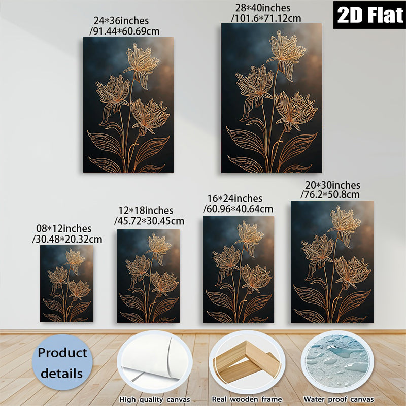 2D flat 1pc golden botanical floral wall art minimalist modern farmhouse living room bedroom decor gallery wrapped canvas prints