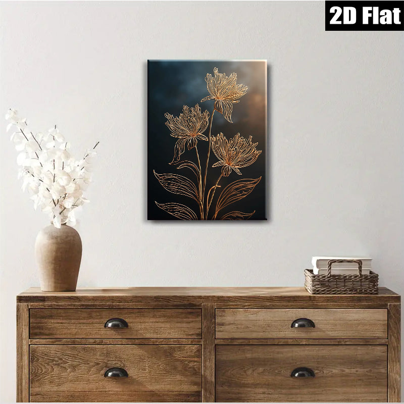 2D flat 1pc golden botanical floral wall art minimalist modern farmhouse living room bedroom decor gallery wrapped canvas prints