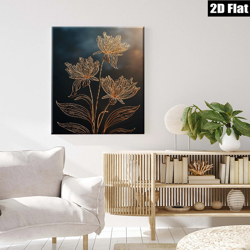 2D flat 1pc golden botanical floral wall art minimalist modern farmhouse living room bedroom decor gallery wrapped canvas prints