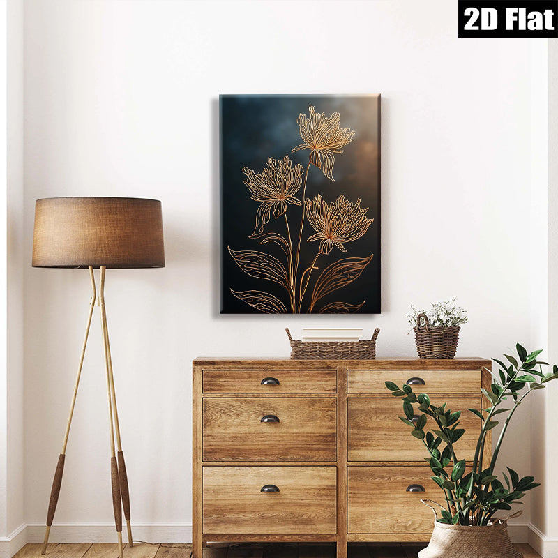 2D flat 1pc golden botanical floral wall art minimalist modern farmhouse living room bedroom decor gallery wrapped canvas prints