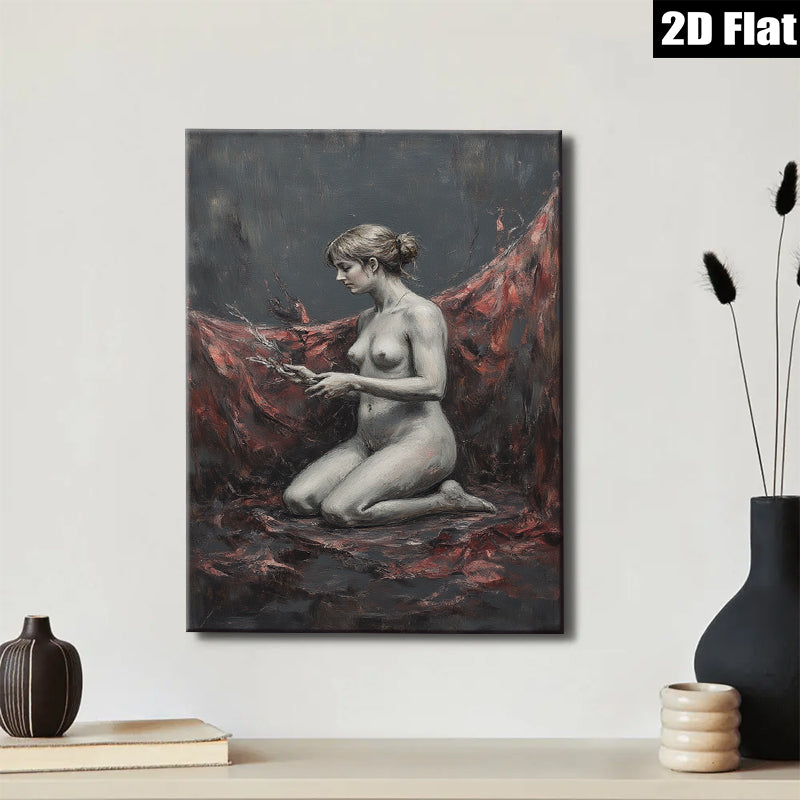 2D flat 1pc kneeling nude woman with floral offering dramatic moody art for living room bedroom gallery wall modern farmhouse decor