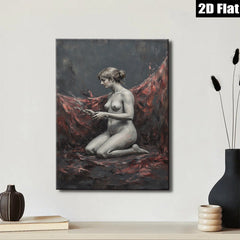 2D flat 1pc kneeling nude woman with floral offering dramatic moody art for living room bedroom gallery wall modern farmhouse decor