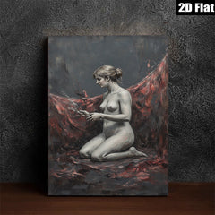 2D flat 1pc kneeling nude woman with floral offering dramatic moody art for living room bedroom gallery wall modern farmhouse decor