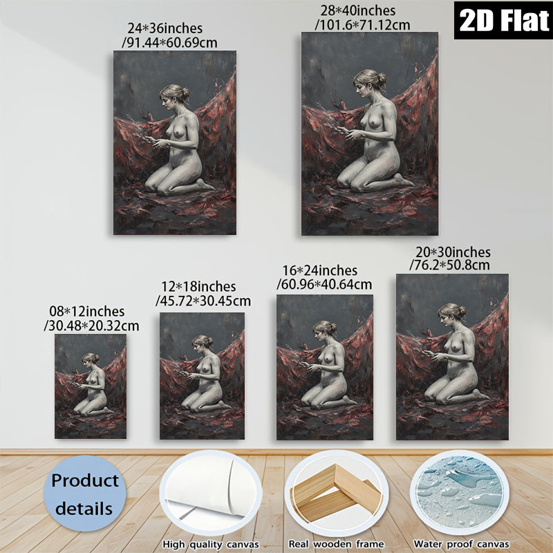 2D flat 1pc kneeling nude woman with floral offering dramatic moody art for living room bedroom gallery wall modern farmhouse decor
