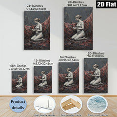 2D flat 1pc kneeling nude woman with floral offering dramatic moody art for living room bedroom gallery wall modern farmhouse decor
