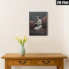 2D flat 1pc kneeling nude woman with floral offering dramatic moody art for living room bedroom gallery wall modern farmhouse decor
