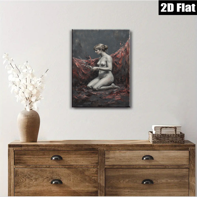 2D flat 1pc kneeling nude woman with floral offering dramatic moody art for living room bedroom gallery wall modern farmhouse decor