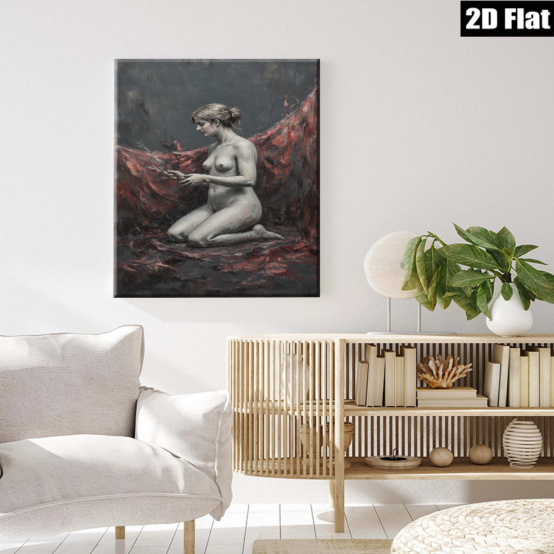 2D flat 1pc kneeling nude woman with floral offering dramatic moody art for living room bedroom gallery wall modern farmhouse decor