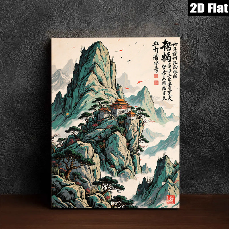 2D flat 1pc majestic Asian temple landscape wall art for living room bedroom home office decor farmhouse style gallery wrapped canvas prints inspirational modern zen artwork