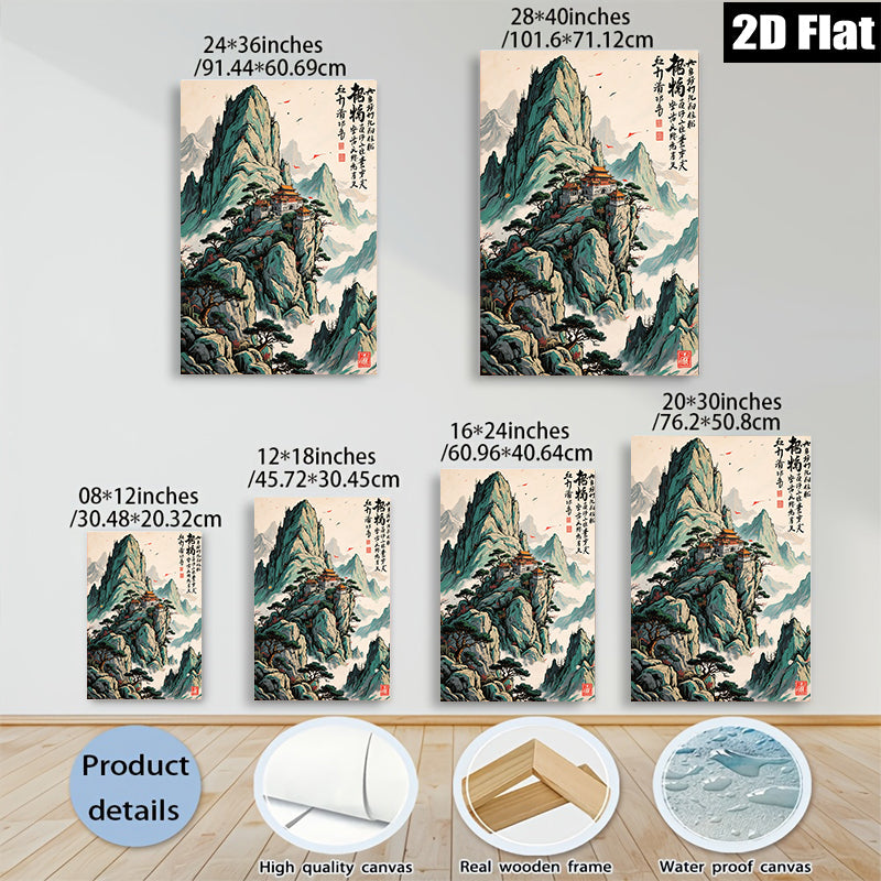 2D flat 1pc majestic Asian temple landscape wall art for living room bedroom home office decor farmhouse style gallery wrapped canvas prints inspirational modern zen artwork