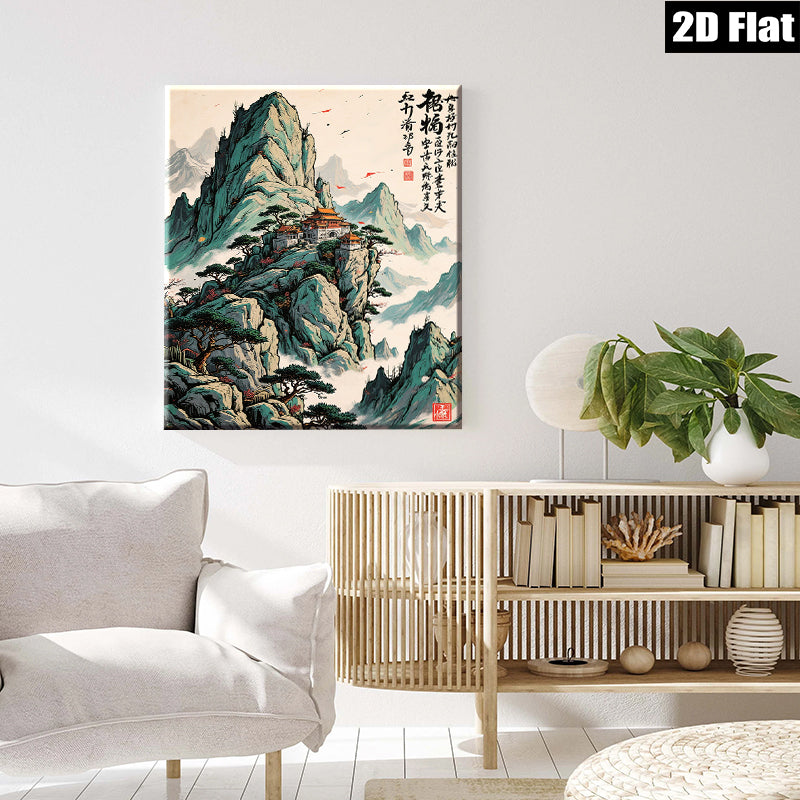 2D flat 1pc majestic Asian temple landscape wall art for living room bedroom home office decor farmhouse style gallery wrapped canvas prints inspirational modern zen artwork