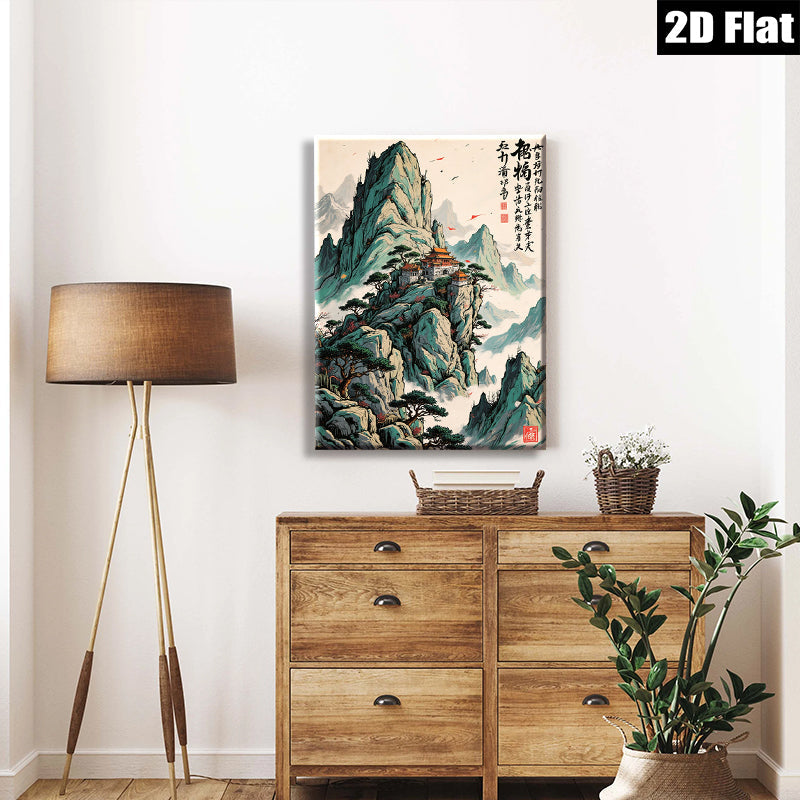 2D flat 1pc majestic Asian temple landscape wall art for living room bedroom home office decor farmhouse style gallery wrapped canvas prints inspirational modern zen artwork