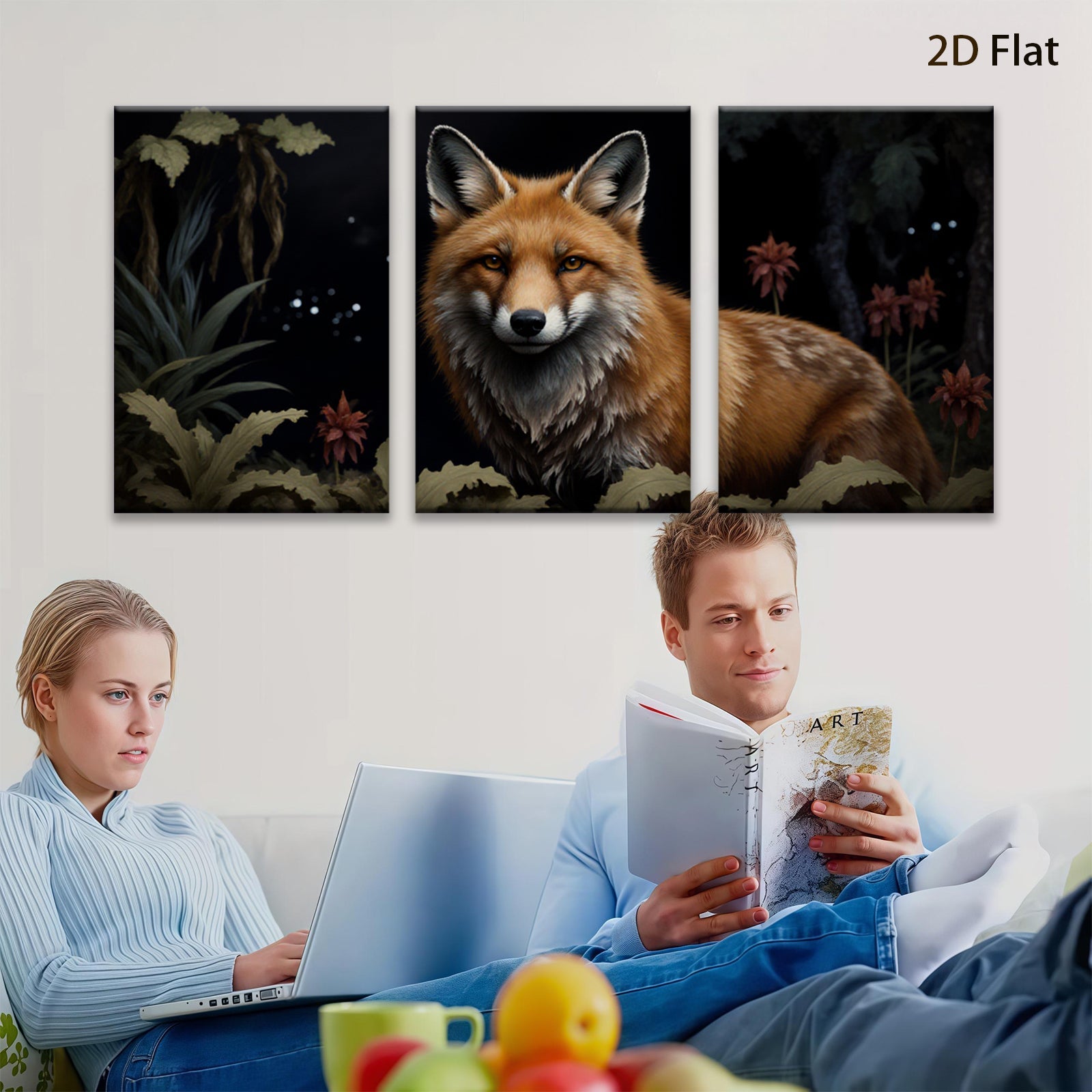 2D flat 1pc majestic red fox portrait woodland animal art canvas wall decor living room bedroom farmhouse style modern minimalist cozy gallery wrapped