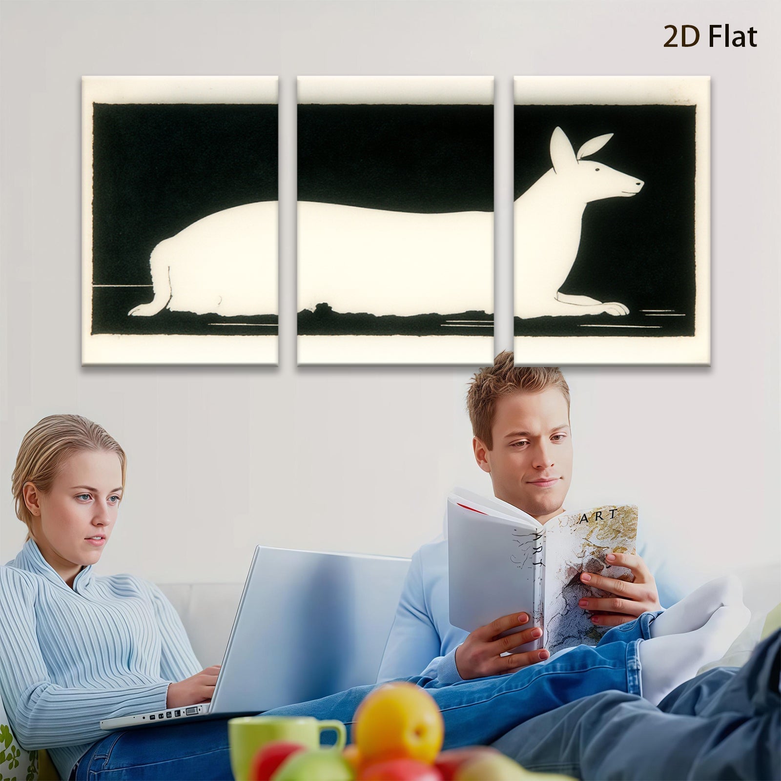 2D flat 1pc minimalist white hare canvas wall art modern farmhouse living room bedroom decor gallery wrapped stretched canvas prints coastal chic