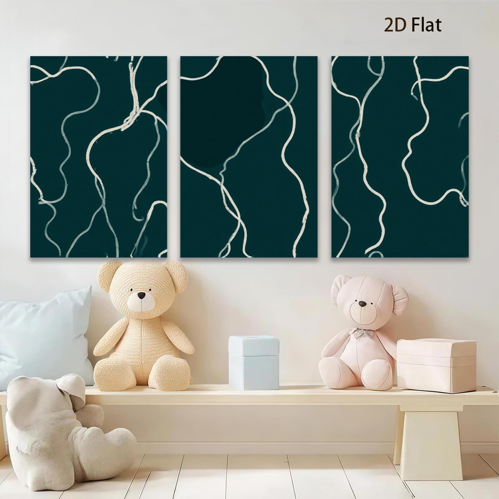 2D flat 1pc minimalist white lines on dark green canvas modern wall art for living room bedroom office farmhouse gallery wrapped timeless elegance