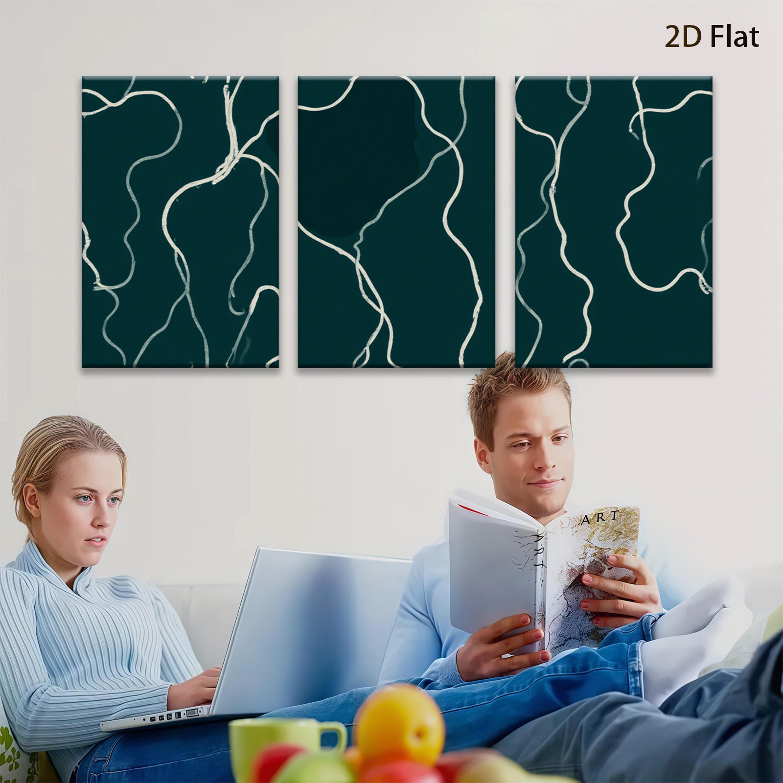 2D flat 1pc minimalist white lines on dark green canvas modern wall art for living room bedroom office farmhouse gallery wrapped timeless elegance