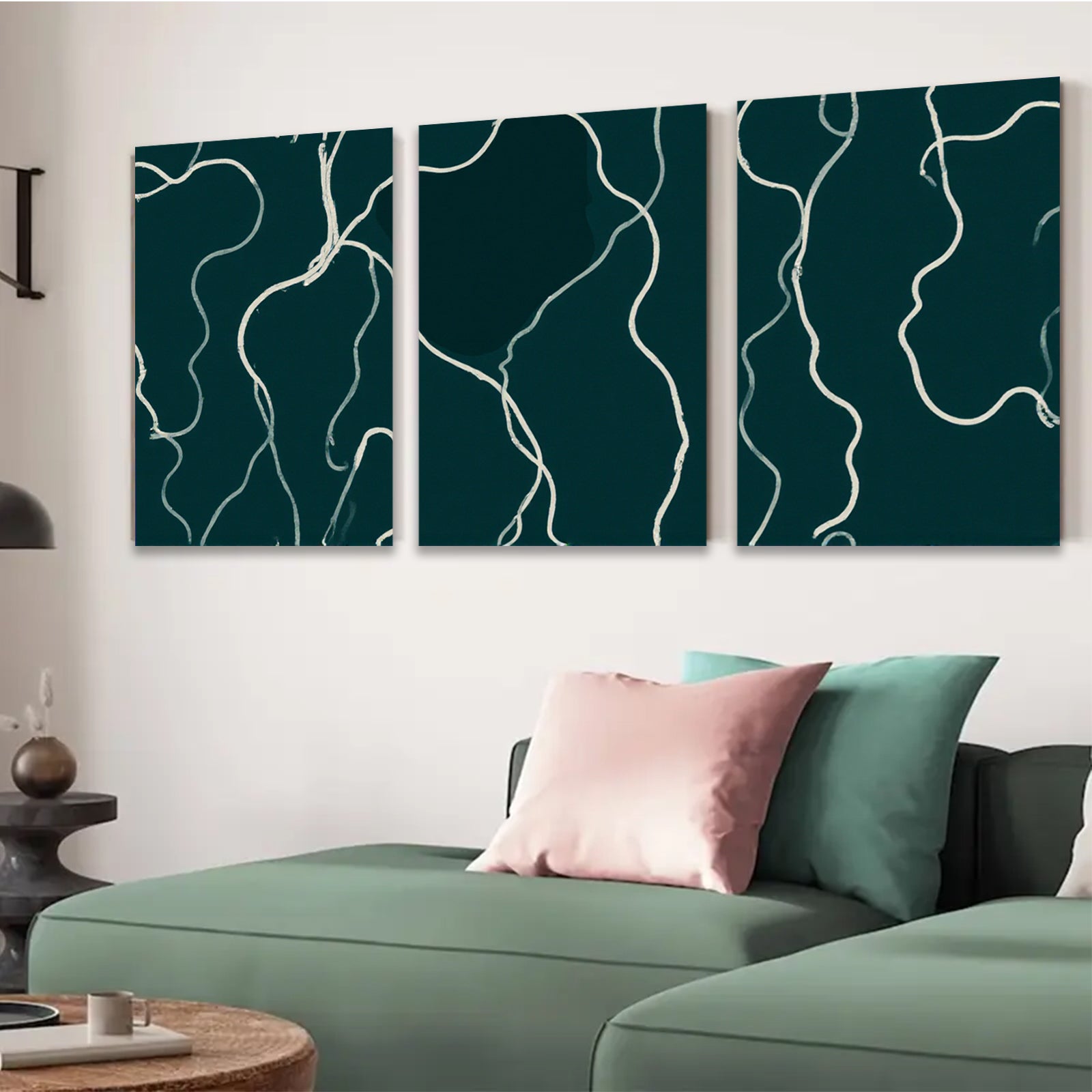 2D flat 1pc minimalist white lines on dark green canvas modern wall art for living room bedroom office farmhouse gallery wrapped timeless elegance