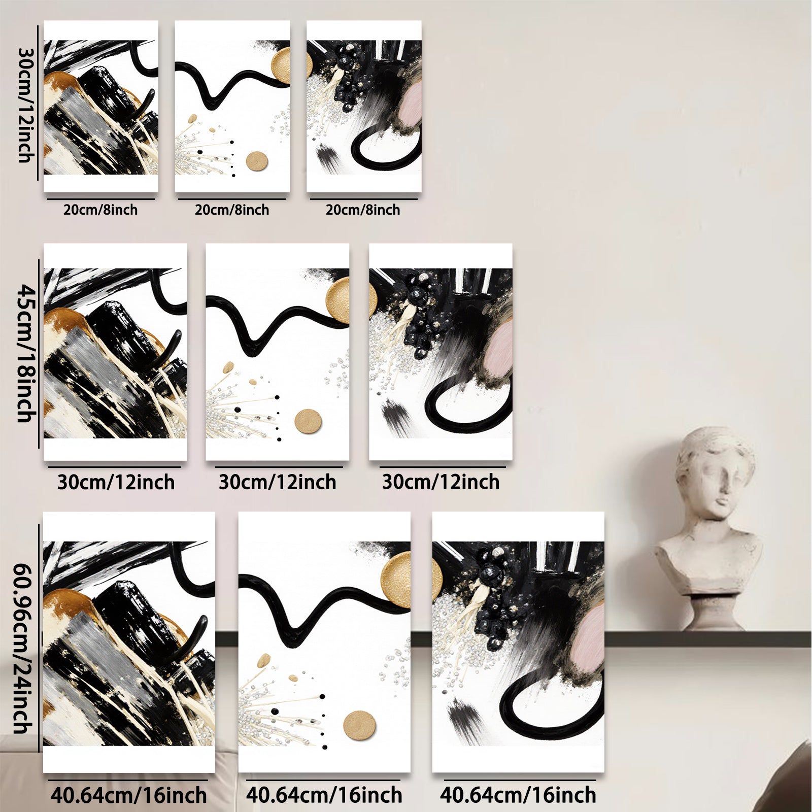 2D flat 1pc modern abstract gold black brushstrokes canvas wall art living room bedroom home decor farmhouse style gallery wrapped ready to hang