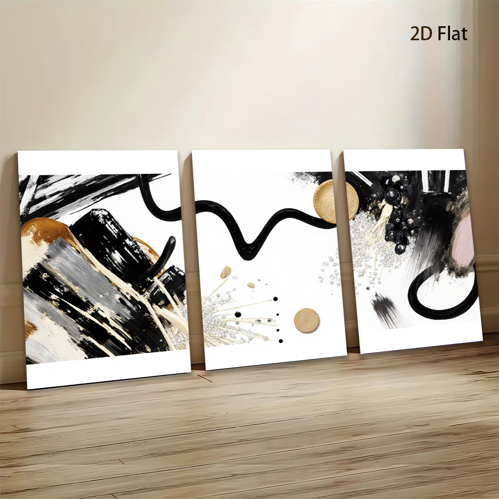 2D flat 1pc modern abstract gold black brushstrokes canvas wall art living room bedroom home decor farmhouse style gallery wrapped ready to hang