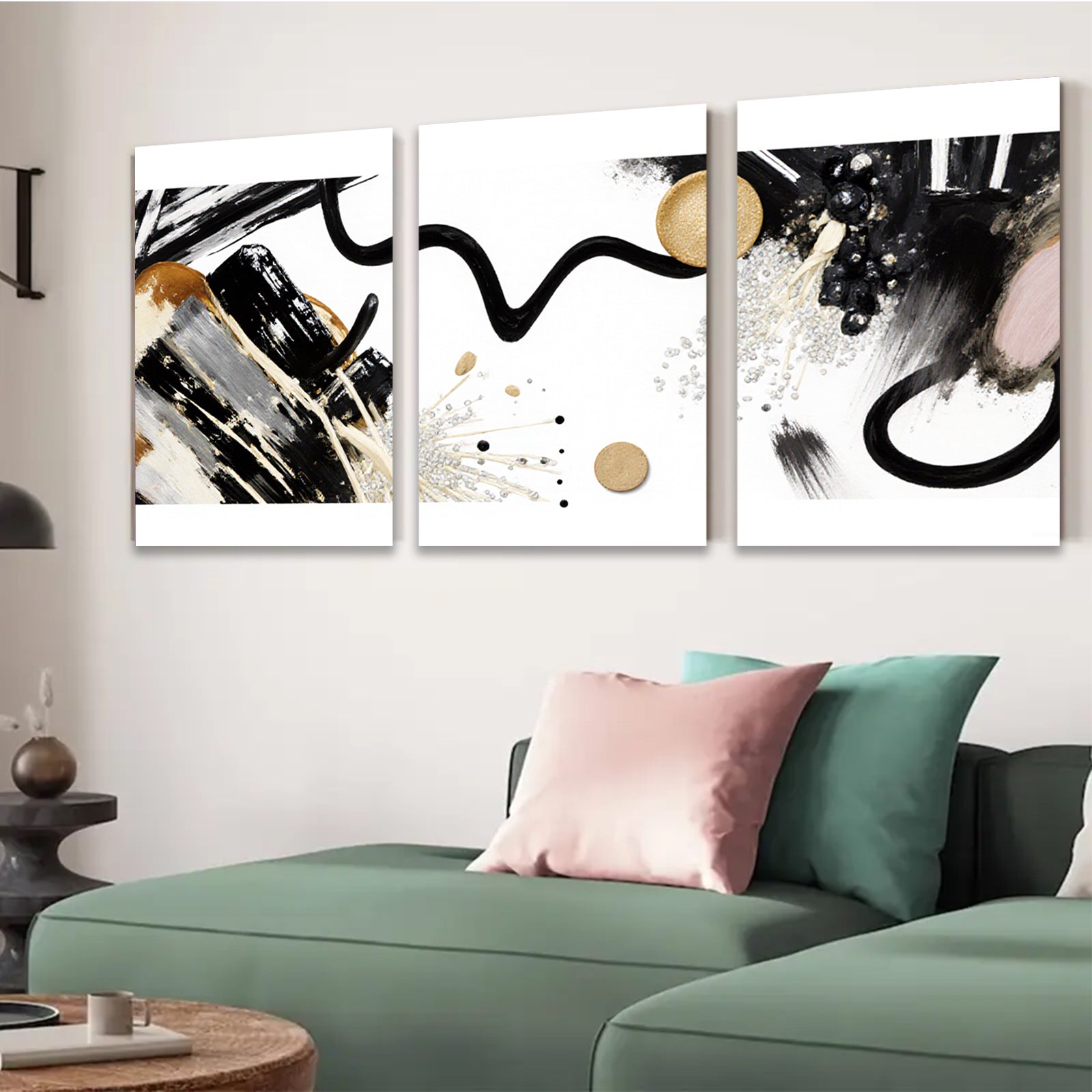 2D flat 1pc modern abstract gold black brushstrokes canvas wall art living room bedroom home decor farmhouse style gallery wrapped ready to hang