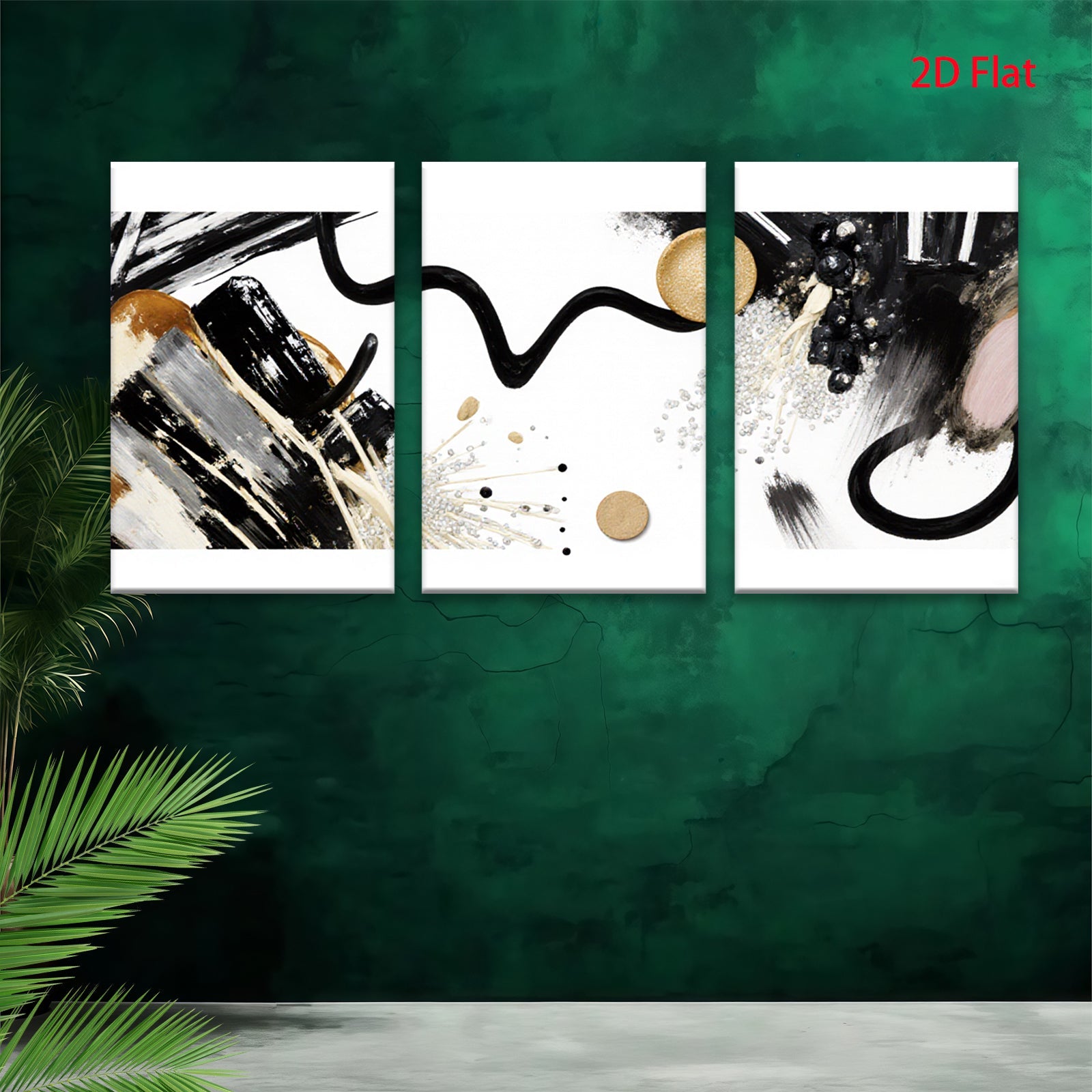 2D flat 1pc modern abstract gold black brushstrokes canvas wall art living room bedroom home decor farmhouse style gallery wrapped ready to hang