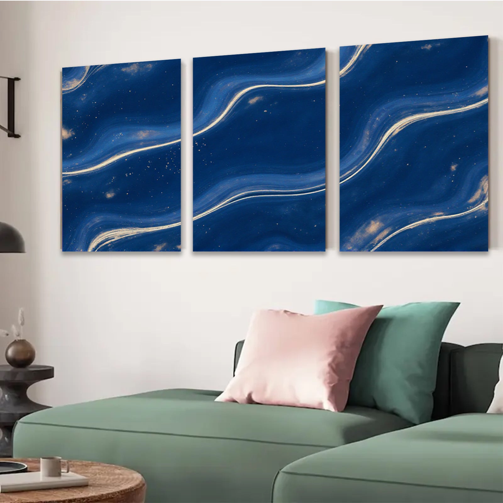 2D flat 1pc navy blue abstract wave modern wall art for living room bedroom gallery wrapped canvas prints farmhouse decor minimalist design statement piece