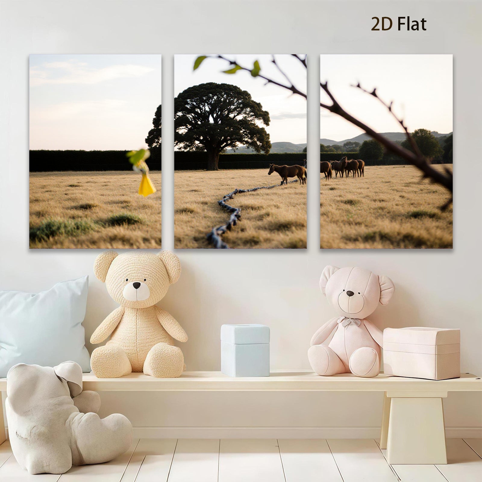 2D flat 1pc pastoral scene horses grazing golden field wall decor living room bedroom farmhouse style modern art prints canvas paintings