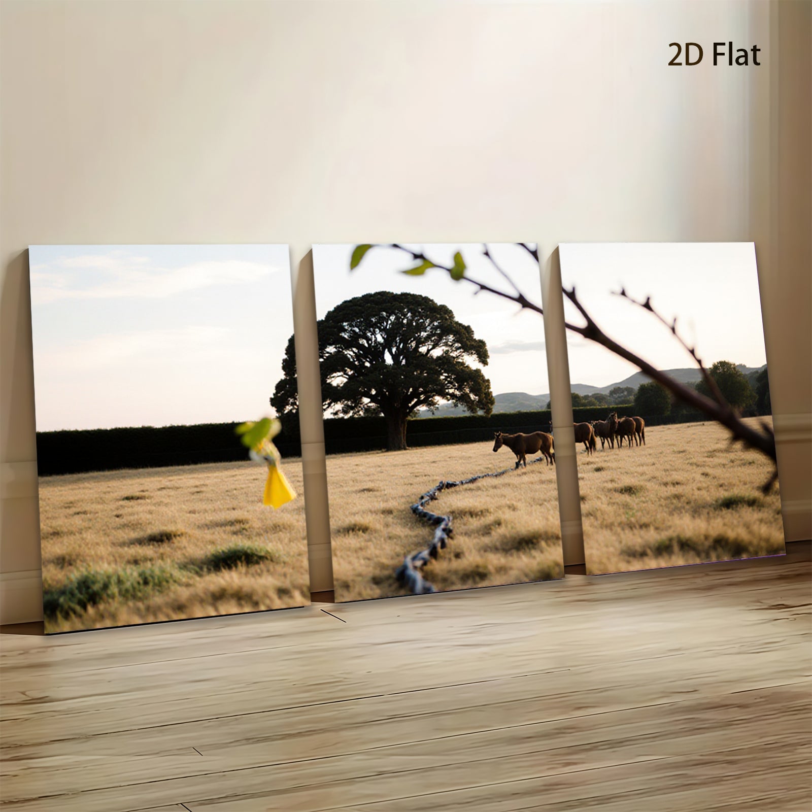 2D flat 1pc pastoral scene horses grazing golden field wall decor living room bedroom farmhouse style modern art prints canvas paintings