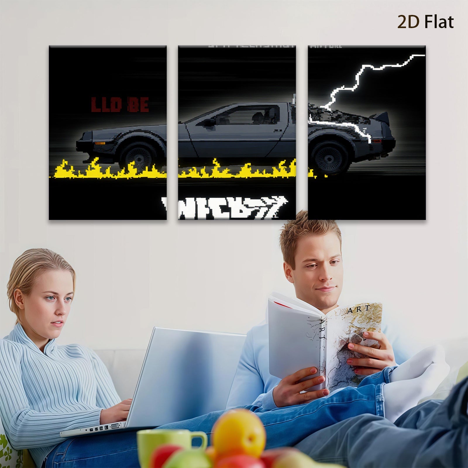 2D flat 1pc retro DeLorean time machine wall art modern minimalist poster bedroom living room decor gallery wrapped canvas prints farmhouse style