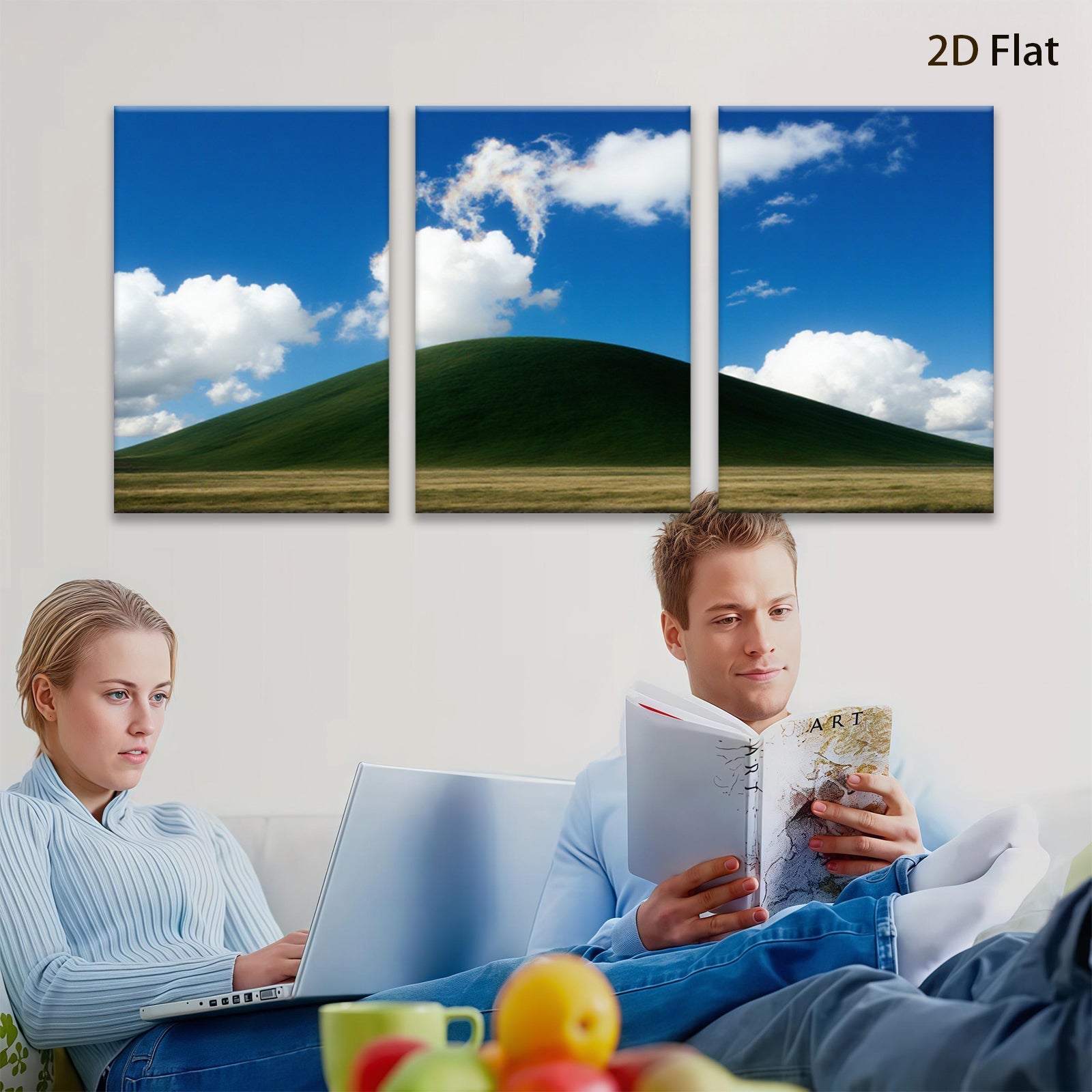 2D flat 1pc rolling green hill under expansive blue sky farmhouse wall decor living room canvas prints modern minimalist aesthetic gallery wrapped timeless statement piece cozy cabin vibes
