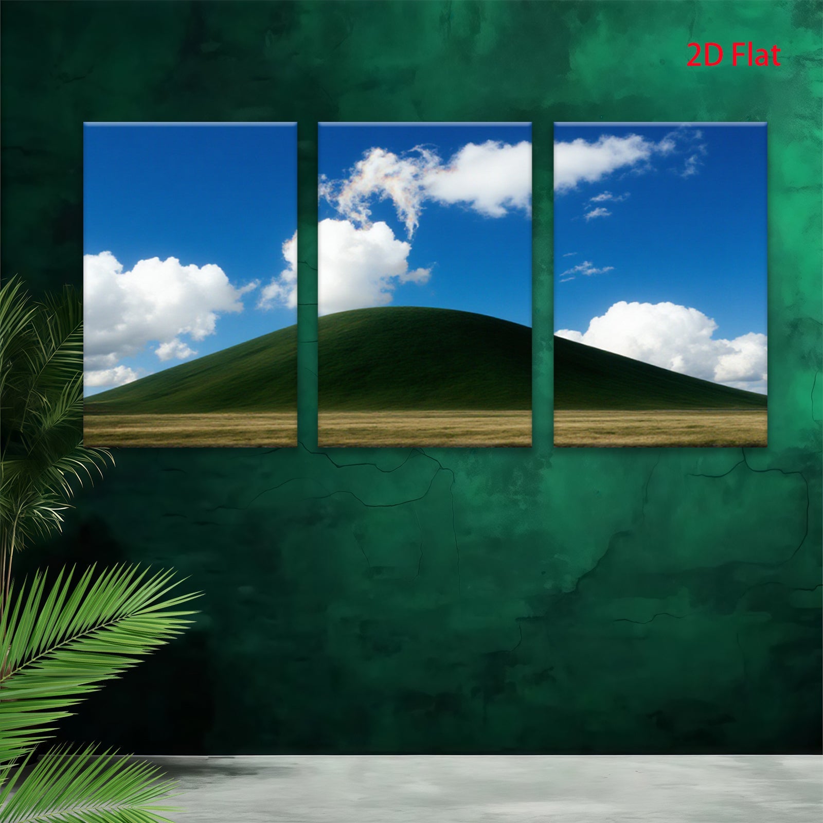 2D flat 1pc rolling green hill under expansive blue sky farmhouse wall decor living room canvas prints modern minimalist aesthetic gallery wrapped timeless statement piece cozy cabin vibes
