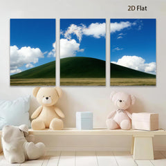 2D flat 1pc rolling green hill under expansive blue sky farmhouse wall decor living room canvas prints modern minimalist aesthetic gallery wrapped timeless statement piece cozy cabin vibes