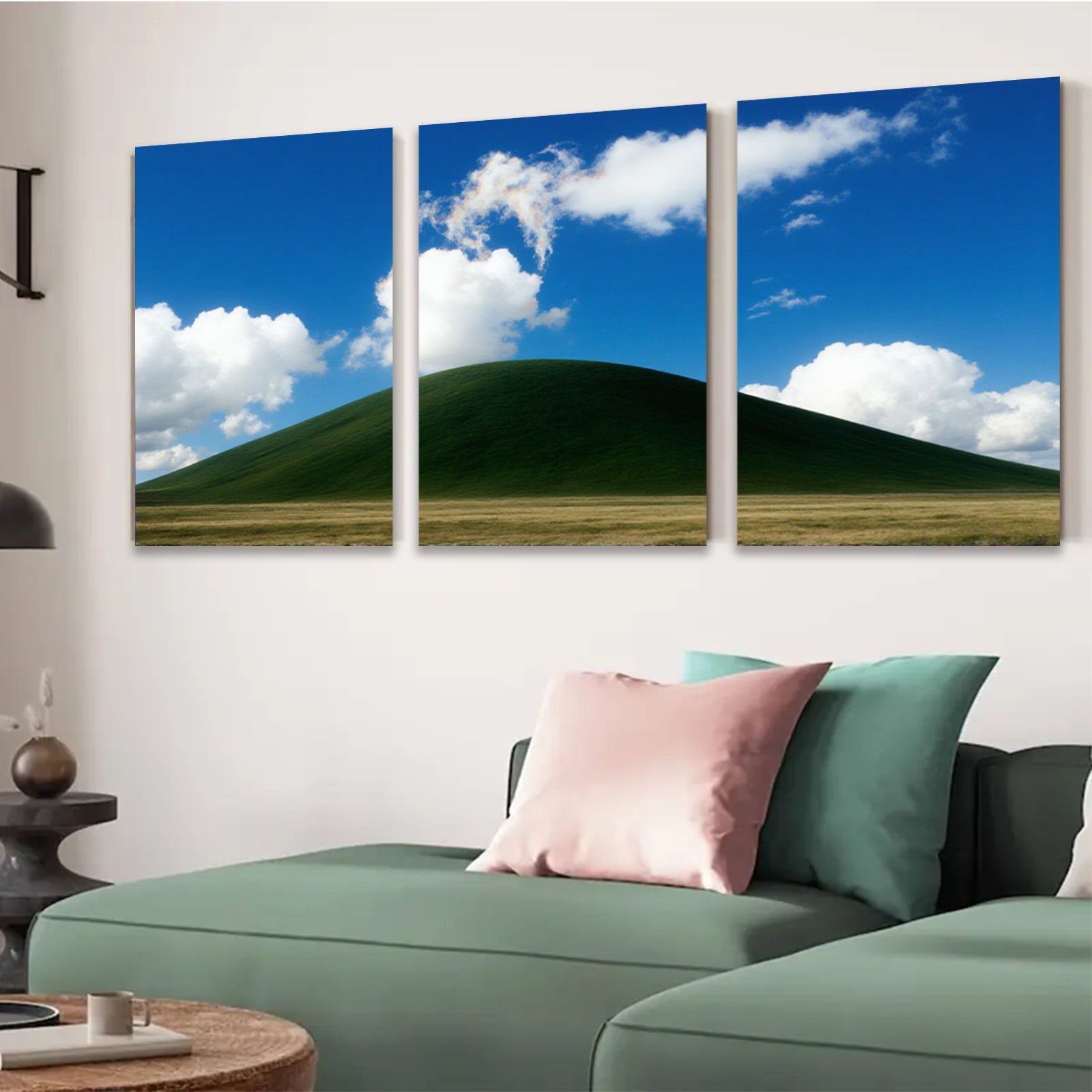 2D flat 1pc rolling green hill under expansive blue sky farmhouse wall decor living room canvas prints modern minimalist aesthetic gallery wrapped timeless statement piece cozy cabin vibes