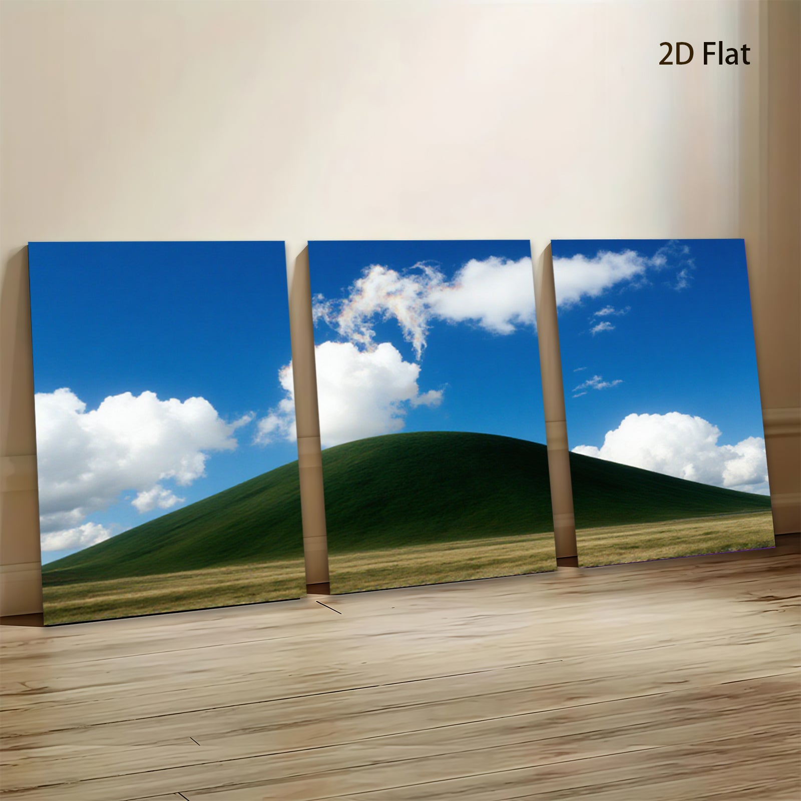 2D flat 1pc rolling green hill under expansive blue sky farmhouse wall decor living room canvas prints modern minimalist aesthetic gallery wrapped timeless statement piece cozy cabin vibes