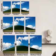 2D flat 1pc rolling green hill under expansive blue sky farmhouse wall decor living room canvas prints modern minimalist aesthetic gallery wrapped timeless statement piece cozy cabin vibes