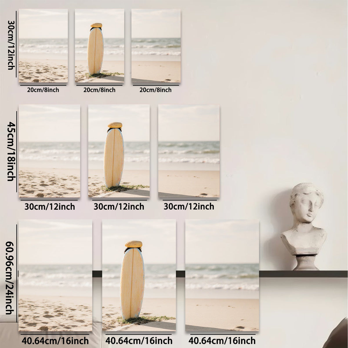 2D flat 1pc serene beach surfboard coastal wall art for living room bedroom gallery wrapped canvas print modern farmhouse decor botanical nature landscape
