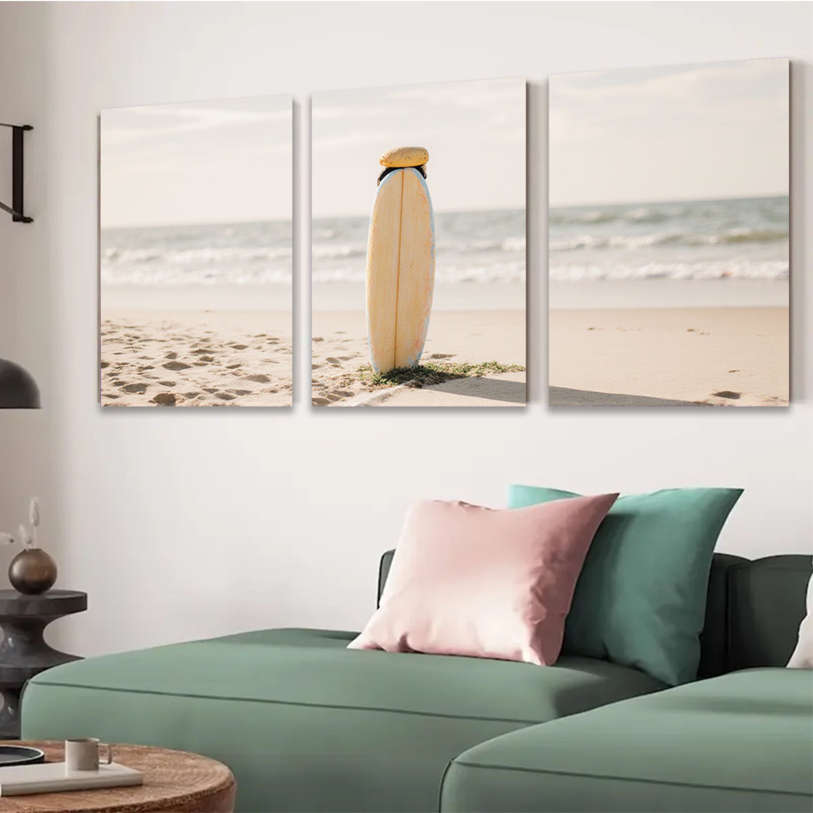 2D flat 1pc serene beach surfboard coastal wall art for living room bedroom gallery wrapped canvas print modern farmhouse decor botanical nature landscape